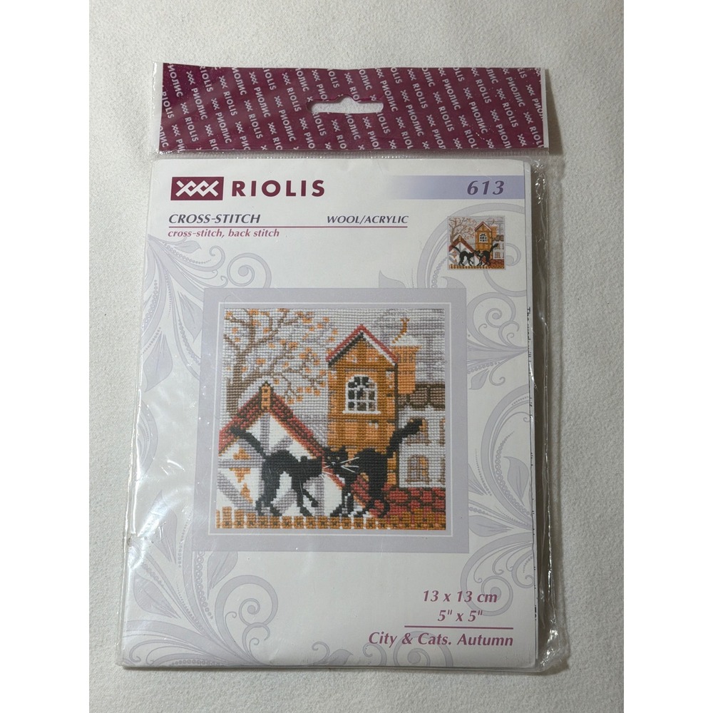 Riolis 613 City & Cats Autumn Cross Stitch Kit Wool Acrylic 5x5 Black Cats Kit
